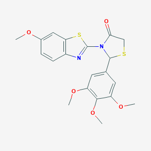 molecular formula C20H20N2O5S2 B494186 3-(6-Methoxy-1,3-benzothiazol-2-yl)-2-(3,4,5-trimethoxyphenyl)-1,3-thiazolidin-4-one 