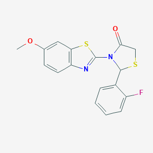 molecular formula C17H13FN2O2S2 B494187 2-(2-Fluorophenyl)-3-(6-methoxy-1,3-benzothiazol-2-yl)-1,3-thiazolidin-4-one 