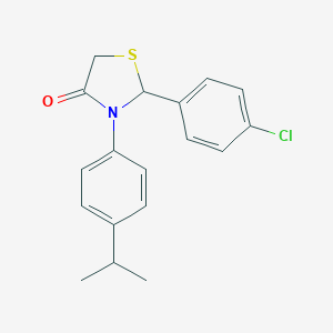 molecular formula C18H18ClNOS B494221 2-(4-Chlorophenyl)-3-(4-isopropylphenyl)-1,3-thiazolidin-4-one 
