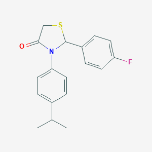 molecular formula C18H18FNOS B494223 2-(4-Fluorophenyl)-3-(4-isopropylphenyl)-1,3-thiazolidin-4-one 