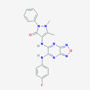 molecular formula C21H17FN8O2 B494319 4-({6-[(4-fluorophenyl)amino][1,2,5]oxadiazolo[3,4-b]pyrazin-5-yl}amino)-1,5-dimethyl-2-phenyl-1,2-dihydro-3H-pyrazol-3-one 