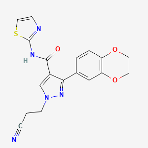 molecular formula C18H15N5O3S B4943297 1-(2-cyanoethyl)-3-(2,3-dihydro-1,4-benzodioxin-6-yl)-N-1,3-thiazol-2-yl-1H-pyrazole-4-carboxamide 