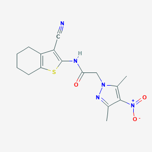 molecular formula C16H17N5O3S B494342 N-(3-cyano-4,5,6,7-tetrahydro-1-benzothien-2-yl)-2-{4-nitro-3,5-dimethyl-1H-pyrazol-1-yl}acetamide CAS No. 354989-77-8