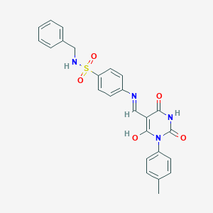 molecular formula C25H22N4O5S B494367 N-benzyl-4-{[(1-(4-methylphenyl)-2,4,6-trioxotetrahydro-5(2H)-pyrimidinylidene)methyl]amino}benzenesulfonamide 