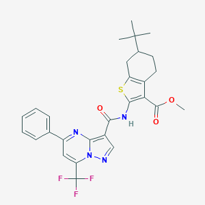 molecular formula C28H27F3N4O3S B494379 Methyl 6-tert-butyl-2-({[5-phenyl-7-(trifluoromethyl)pyrazolo[1,5-a]pyrimidin-3-yl]carbonyl}amino)-4,5,6,7-tetrahydro-1-benzothiophene-3-carboxylate 