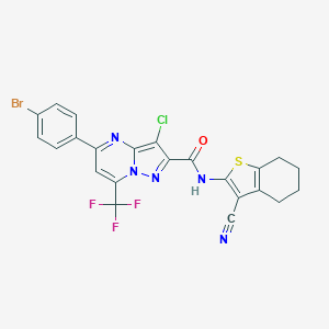 molecular formula C23H14BrClF3N5OS B494401 5-(4-bromophenyl)-3-chloro-N-(3-cyano-4,5,6,7-tetrahydro-1-benzothiophen-2-yl)-7-(trifluoromethyl)pyrazolo[1,5-a]pyrimidine-2-carboxamide 