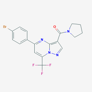 molecular formula C18H14BrF3N4O B494402 5-(4-Bromophenyl)-3-(1-pyrrolidinylcarbonyl)-7-(trifluoromethyl)pyrazolo[1,5-a]pyrimidine 