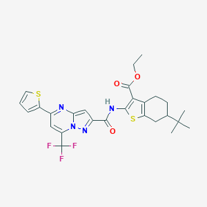 molecular formula C27H27F3N4O3S2 B494405 Ethyl 6-tert-butyl-2-({[5-(2-thienyl)-7-(trifluoromethyl)pyrazolo[1,5-a]pyrimidin-2-yl]carbonyl}amino)-4,5,6,7-tetrahydro-1-benzothiophene-3-carboxylate 