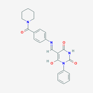 molecular formula C23H22N4O4 B494414 1-phenyl-5-{[4-(1-piperidinylcarbonyl)anilino]methylene}-2,4,6(1H,3H,5H)-pyrimidinetrione 