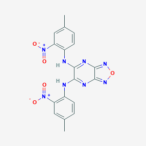 molecular formula C18H14N8O5 B494417 5,6-Bis({2-nitro-4-methylphenyl}amino)[1,2,5]oxadiazolo[3,4-b]pyrazine 