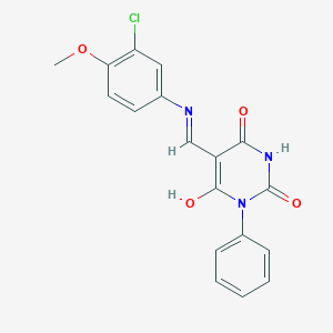 molecular formula C18H14ClN3O4 B494418 5-[(3-chloro-4-methoxyanilino)methylene]-1-phenyl-2,4,6(1H,3H,5H)-pyrimidinetrione 
