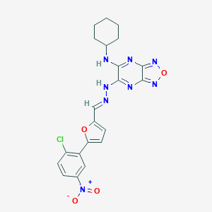 molecular formula C21H19ClN8O4 B494421 5-N-[(E)-[5-(2-chloro-5-nitrophenyl)furan-2-yl]methylideneamino]-6-N-cyclohexyl-[1,2,5]oxadiazolo[3,4-b]pyrazine-5,6-diamine 