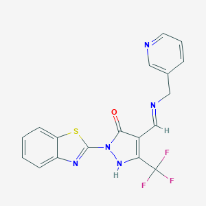 molecular formula C18H12F3N5OS B494463 2-(1,3-benzothiazol-2-yl)-4-{[(3-pyridinylmethyl)imino]methyl}-5-(trifluoromethyl)-1,2-dihydro-3H-pyrazol-3-one CAS No. 328277-72-1