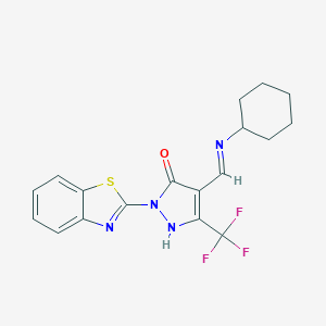 molecular formula C18H17F3N4OS B494464 2-(1,3-benzothiazol-2-yl)-4-[(cyclohexylimino)methyl]-5-(trifluoromethyl)-1,2-dihydro-3H-pyrazol-3-one 