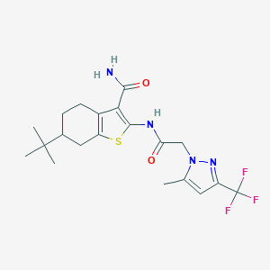 molecular formula C20H25F3N4O2S B494469 6-tert-butyl-2-({[5-methyl-3-(trifluoromethyl)-1H-pyrazol-1-yl]acetyl}amino)-4,5,6,7-tetrahydro-1-benzothiophene-3-carboxamide 