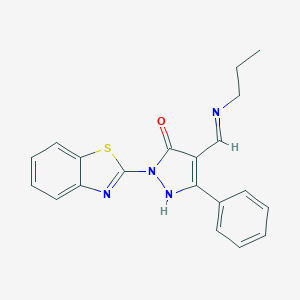 molecular formula C20H18N4OS B494475 2-(1,3-benzothiazol-2-yl)-5-phenyl-4-[(E)-(propylimino)methyl]-1,2-dihydro-3H-pyrazol-3-one 