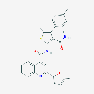 molecular formula C28H23N3O3S B494489 N-[3-carbamoyl-5-methyl-4-(4-methylphenyl)thiophen-2-yl]-2-(5-methylfuran-2-yl)quinoline-4-carboxamide 