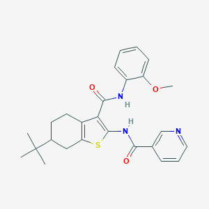 molecular formula C26H29N3O3S B494566 N-{6-tert-butyl-3-[(2-methoxyanilino)carbonyl]-4,5,6,7-tetrahydro-1-benzothien-2-yl}nicotinamide 