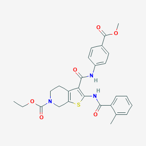 molecular formula C27H27N3O6S B494567 ethyl 3-{[4-(methoxycarbonyl)anilino]carbonyl}-2-[(2-methylbenzoyl)amino]-4,7-dihydrothieno[2,3-c]pyridine-6(5H)-carboxylate 
