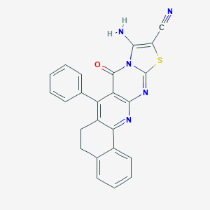 molecular formula C24H15N5OS B494626 6-Amino-4-oxo-2-phenyl-8-thia-5,10,12-triazapentacyclo[11.8.0.03,11.05,9.014,19]henicosa-1,3(11),6,9,12,14,16,18-octaene-7-carbonitrile 