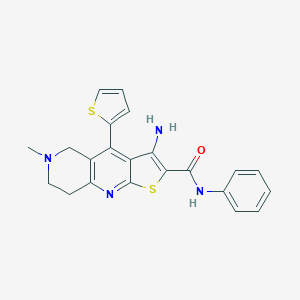 molecular formula C22H20N4OS2 B494633 3-amino-6-methyl-N-phenyl-4-(thiophen-2-yl)-5H,6H,7H,8H-thieno[2,3-b]1,6-naphthyridine-2-carboxamide CAS No. 340817-27-8