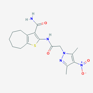 molecular formula C17H21N5O4S B494647 2-{[(3,5-dimethyl-4-nitro-1H-pyrazol-1-yl)acetyl]amino}-5,6,7,8-tetrahydro-4H-cyclohepta[b]thiophene-3-carboxamide 