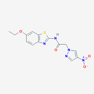 molecular formula C14H13N5O4S B494654 N-(6-ethoxy-1,3-benzothiazol-2-yl)-2-{4-nitro-1H-pyrazol-1-yl}acetamide 