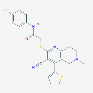 molecular formula C22H19ClN4OS2 B494660 N-(4-chlorophenyl)-2-{[3-cyano-6-methyl-4-(2-thienyl)-5,6,7,8-tetrahydro[1,6]naphthyridin-2-yl]sulfanyl}acetamide 