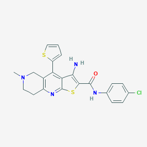 molecular formula C22H19ClN4OS2 B494661 3-amino-N-(4-chlorophenyl)-6-methyl-4-(2-thienyl)-5,6,7,8-tetrahydrothieno[2,3-b][1,6]naphthyridine-2-carboxamide 