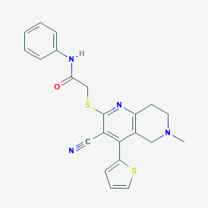 molecular formula C22H20N4OS2 B494850 2-{[3-cyano-6-methyl-4-(2-thienyl)-5,6,7,8-tetrahydro[1,6]naphthyridin-2-yl]sulfanyl}-N-phenylacetamide 
