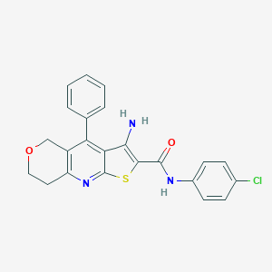 molecular formula C23H18ClN3O2S B494859 6-amino-N-(4-chlorophenyl)-8-phenyl-11-oxa-4-thia-2-azatricyclo[7.4.0.03,7]trideca-1(9),2,5,7-tetraene-5-carboxamide 