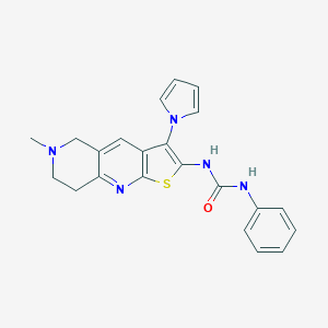 molecular formula C22H21N5OS B494863 N-[6-methyl-3-(1H-pyrrol-1-yl)-5,6,7,8-tetrahydrothieno[2,3-b][1,6]naphthyridin-2-yl]-N'-phenylurea 