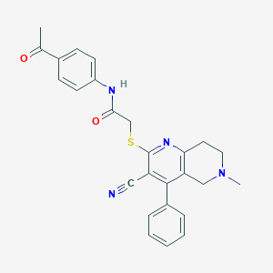 molecular formula C26H24N4O2S B494868 N-(4-acetylphenyl)-2-[(3-cyano-6-methyl-4-phenyl-5,6,7,8-tetrahydro[1,6]naphthyridin-2-yl)sulfanyl]acetamide 