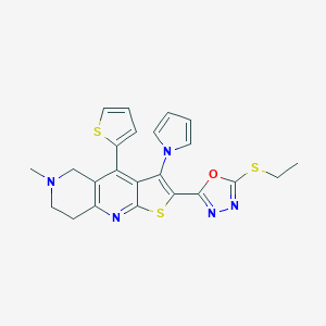 molecular formula C23H21N5OS3 B494907 ethyl 5-[6-methyl-3-(1H-pyrrol-1-yl)-4-(2-thienyl)-5,6,7,8-tetrahydrothieno[2,3-b][1,6]naphthyridin-2-yl]-1,3,4-oxadiazol-2-yl sulfide 