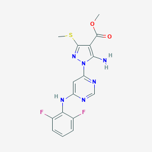 molecular formula C16H14F2N6O2S B494920 methyl 5-amino-1-[6-(2,6-difluoroanilino)-4-pyrimidinyl]-3-(methylsulfanyl)-1H-pyrazole-4-carboxylate 