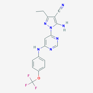 molecular formula C17H14F3N7O B494924 5-amino-3-ethyl-1-{6-[4-(trifluoromethoxy)anilino]-4-pyrimidinyl}-1H-pyrazole-4-carbonitrile 