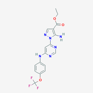 molecular formula C17H15F3N6O3 B494926 ethyl 5-amino-1-{6-[4-(trifluoromethoxy)anilino]-4-pyrimidinyl}-1H-pyrazole-4-carboxylate 