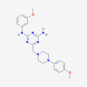 molecular formula C22H27N7O2 B495040 N-(3-methoxyphenyl)-6-{[4-(4-methoxyphenyl)piperazin-1-yl]methyl}-1,3,5-triazine-2,4-diamine CAS No. 827006-46-2
