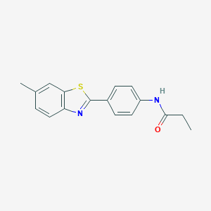 molecular formula C17H16N2OS B495215 N-[4-(6-methyl-1,3-benzothiazol-2-yl)phenyl]propanamide CAS No. 95856-70-5