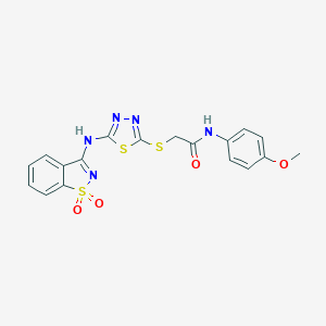 molecular formula C18H15N5O4S3 B495395 2-({5-[(1,1-dioxido-1,2-benzisothiazol-3-yl)amino]-1,3,4-thiadiazol-2-yl}sulfanyl)-N-(4-methoxyphenyl)acetamide 