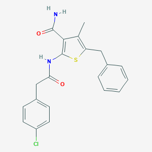 molecular formula C21H19ClN2O2S B495448 5-Benzyl-2-{[(4-chlorophenyl)acetyl]amino}-4-methyl-3-thiophenecarboxamide 
