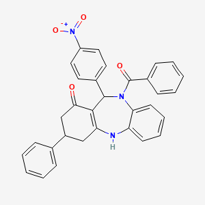 molecular formula C32H25N3O4 B4955737 10-benzoyl-11-(4-nitrophenyl)-3-phenyl-2,3,4,5,10,11-hexahydro-1H-dibenzo[b,e][1,4]diazepin-1-one 