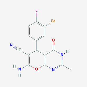 molecular formula C15H10BrFN4O2 B4958178 7-amino-5-(3-bromo-4-fluorophenyl)-2-methyl-4-oxo-3,5-dihydro-4H-pyrano[2,3-d]pyrimidine-6-carbonitrile 