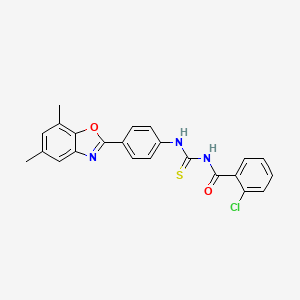 molecular formula C23H18ClN3O2S B4958365 2-chloro-N-({[4-(5,7-dimethyl-1,3-benzoxazol-2-yl)phenyl]amino}carbonothioyl)benzamide 