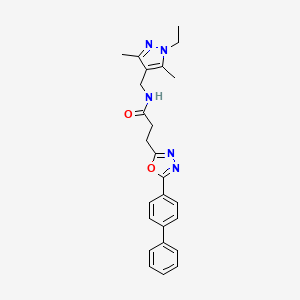 molecular formula C25H27N5O2 B4961536 3-[5-(4-biphenylyl)-1,3,4-oxadiazol-2-yl]-N-[(1-ethyl-3,5-dimethyl-1H-pyrazol-4-yl)methyl]propanamide 