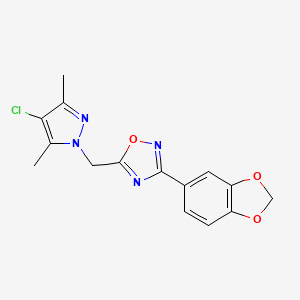 molecular formula C15H13ClN4O3 B4962178 3-(1,3-benzodioxol-5-yl)-5-[(4-chloro-3,5-dimethyl-1H-pyrazol-1-yl)methyl]-1,2,4-oxadiazole 