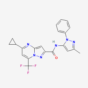 molecular formula C21H17F3N6O B4962995 5-cyclopropyl-N-(3-methyl-1-phenyl-1H-pyrazol-5-yl)-7-(trifluoromethyl)pyrazolo[1,5-a]pyrimidine-2-carboxamide 