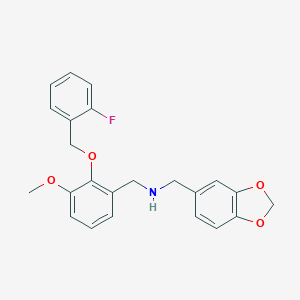 molecular formula C23H22FNO4 B496345 N-(1,3-benzodioxol-5-ylmethyl)-N-{2-[(2-fluorobenzyl)oxy]-3-methoxybenzyl}amine 