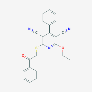 molecular formula C23H17N3O2S B496558 2-Ethoxy-6-[(2-oxo-2-phenylethyl)sulfanyl]-4-phenyl-3,5-pyridinedicarbonitrile 