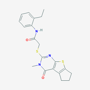 molecular formula C20H21N3O2S2 B496576 N-(2-ethylphenyl)-2-[(3-methyl-4-oxo-3,5,6,7-tetrahydro-4H-cyclopenta[4,5]thieno[2,3-d]pyrimidin-2-yl)sulfanyl]acetamide 